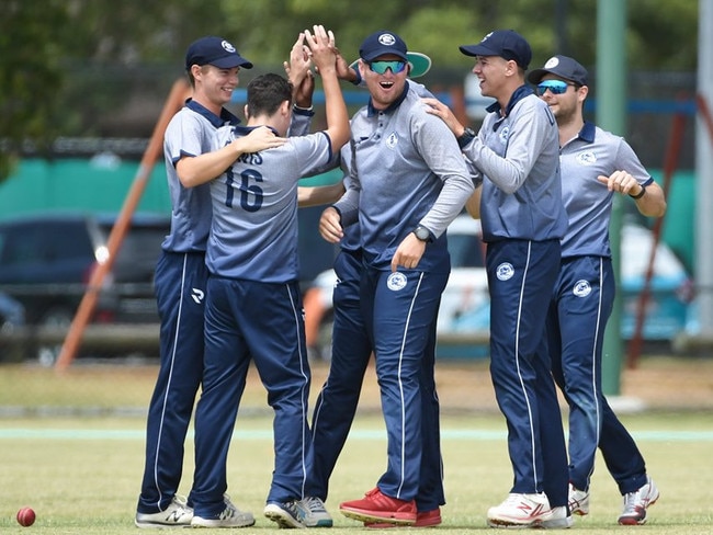 The Broadbeach Robina Cats celebrate one of their 10 wickets. Image: KPM Sports Images