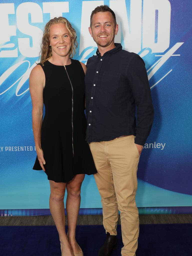 Geelong Cats’ AFLW best and fairest Blue Carpet arrivals at Kardinia Park — Geelong’s Kate Darby with Daniel Anderson. Picture: Mark Wilson