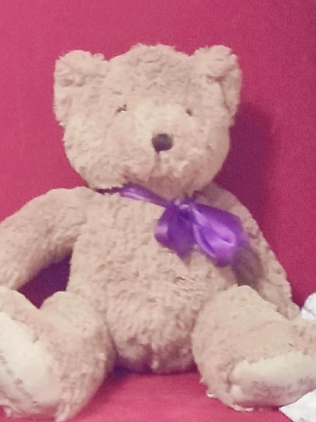 The lost teddy bear which holds Paige’s ashes. Picture: Supplied. 