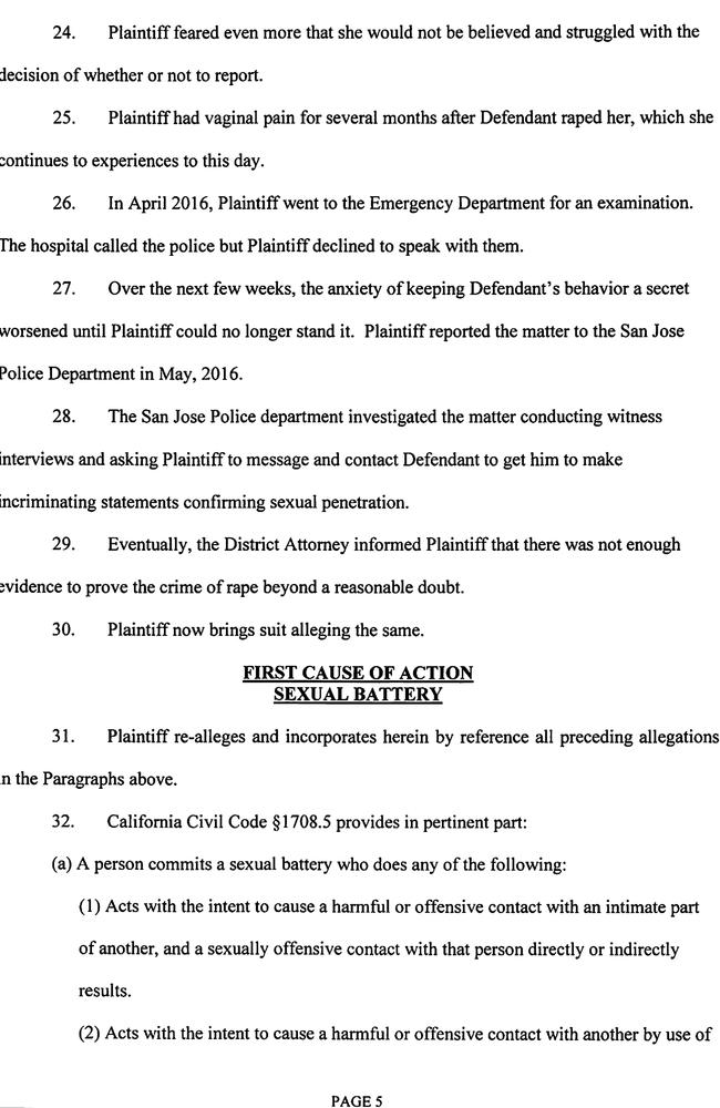 The woman is suing over sexual battery, battery, gender violence, intentional infliction of emotional distress and negligence