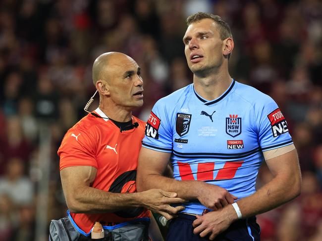 Tom Trbojevic injured during Game 2 of the State of Origin 2023, Queensland V NSW at Suncorp Stadium in Brisbane. Pics Adam Head