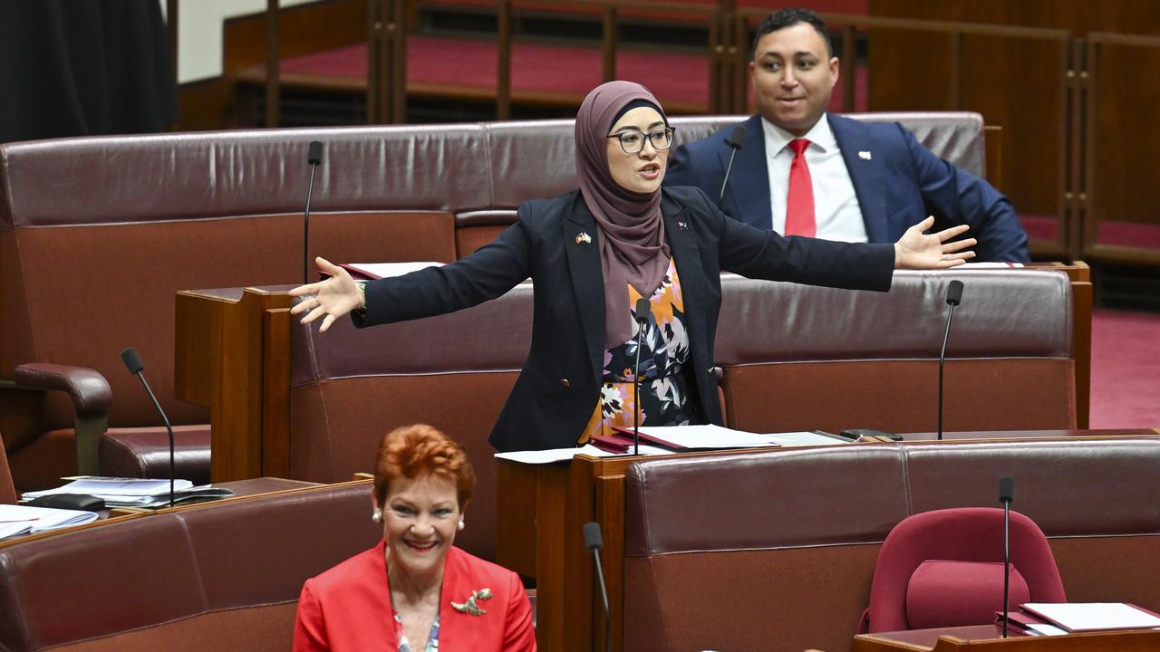 Senator Pauline Hanson and Senator Fatima Payman in the Senate at Parliament House. Picture: NewsWire / Martin Ollman