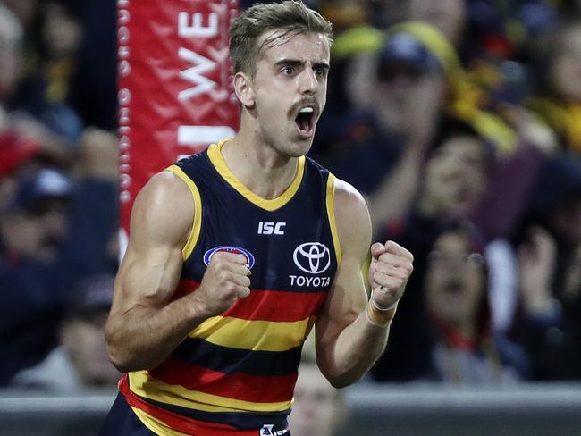 28/04/18 - AFL - Round 6 - Adelaide Crows v Gold Coast Suns at the Adelaide Oval. JOrdan Gallucci celebrates his goal. Picture SARAH REED