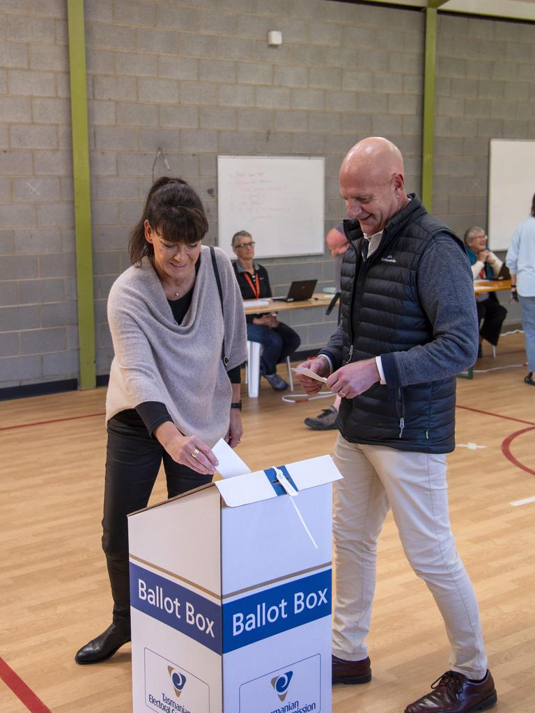 Tasmanian Premier Peter Gutwein with wife Amanda voting at East Launceston Primary School in Launceston. Tasmanian state election 2021. Picture: Rob Burnett