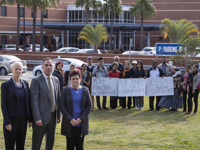 Lakemba state Labor MP Jihad Dib, Canterbury Bankstown Councillor Clare Raffan and resident Kayee Griffin with locals protesting at the lack of funding for Canterbury Hospital last June. Picture: Matthew Vasilescu