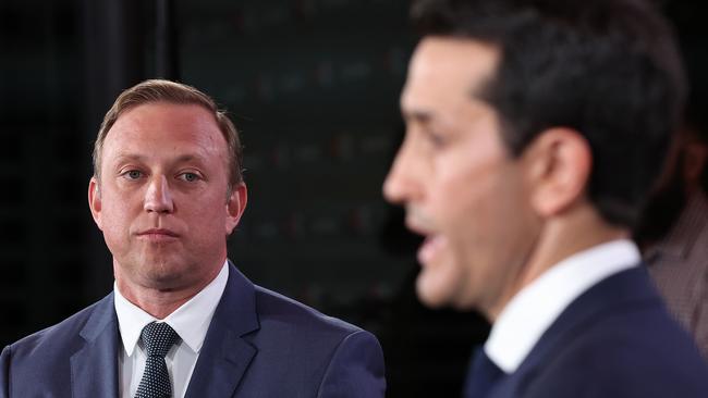 Premier Steven Miles and Opposition Leader David Crisafulli go head to head in the final election debate in front of 100 undecided voters at Suncorp Stadium. Pics Adam Head