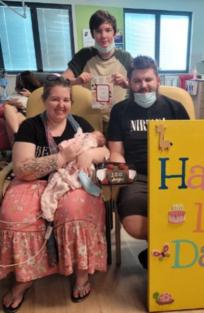 The family of four recently celebrated 100 days spent at Mater Mother’s Hospital. Picture: Supplied