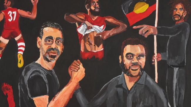 Burgoyne says the AFL ‘dropped the ball’ in supporting Adam Goodes (pictured here in a portrait by Vincent Namatjira) when it was needed.