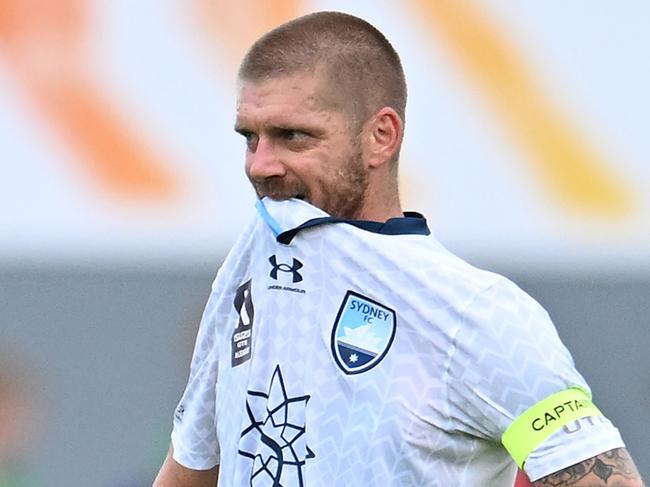 HOBART, AUSTRALIA - JANUARY 21: Luke Brattan of Sydney FC reacts after a United goal during the round 13 A-League Men's match between Western United and Sydney FC at North Hobart Oval, on January 21, 2023, in Hobart, Australia. (Photo by Steve Bell/Getty Images)