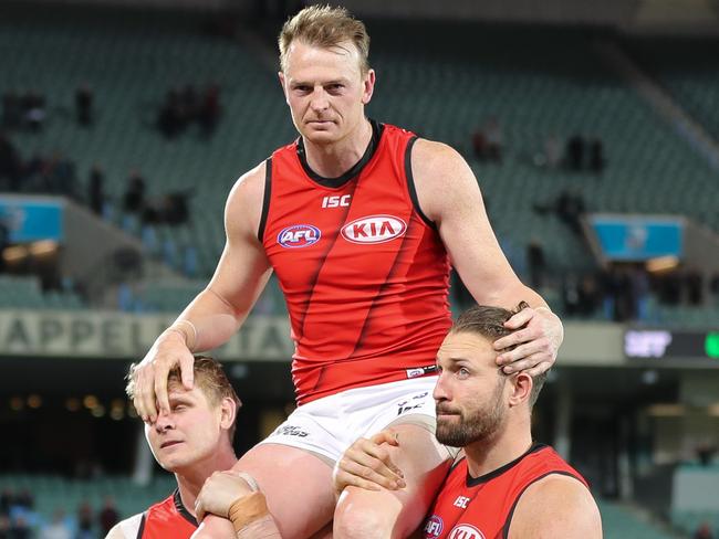 Brendon Goddard is chaired off after his final game. Picture: AFL Photos