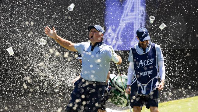 Patrick Reed reacts to his hole-in-one during the first round of LIV Golf Adelaide at Grange Golf Club on Friday. Picture: Jon Ferrey/LIV Golf