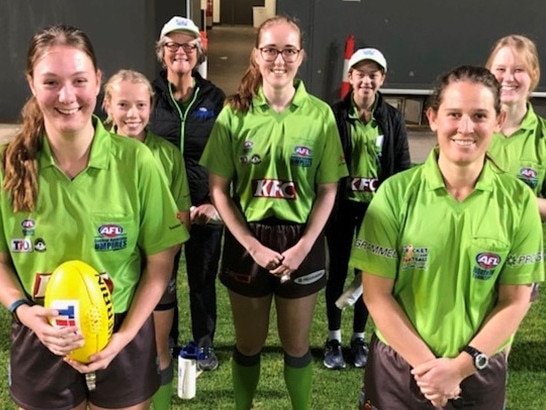 For the first time, all seven of the umpires of a CAFL senior game were women. Picture: AFLNT