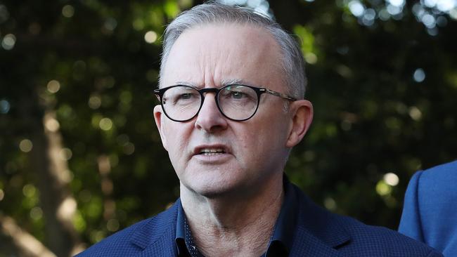 FEDERAL ELECTION TEAM 2022. LABOR BUS TOUR 8/5/2022. Labor leader Anthony Albanese during a press conference at Ryde Wharf Market, seat of Bennelong. Accompanied by LaborÃs candidate Jerome Laxale. Picture: Liam Kidston