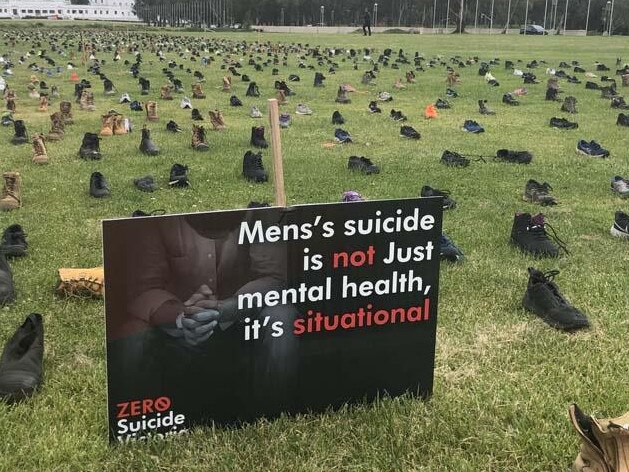 Shoes on the lawn of Parliament House to symbolise male suicide