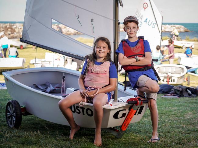 Optimist class sailor with an apt name Sailor Cowen, 9, pictured right earlier this month. Picture: AAP/Mike Burton