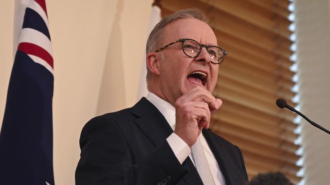 PM Anthony Albanese speaks to Labor caucus in Canberra on Monday. Picture: NCA NewsWire