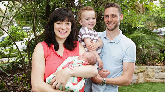 Laura Ferguson with one-week-old daughter Georgie, two-and-a-half-year-old son Sam and husband Eddie. Picture: Adam Yip