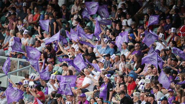 Fans show their support during the Big Bash League match between Hobart Hurricanes and Adelaide Strikers at University of Tasmania Stadium yesterday. Picture: Getty Images