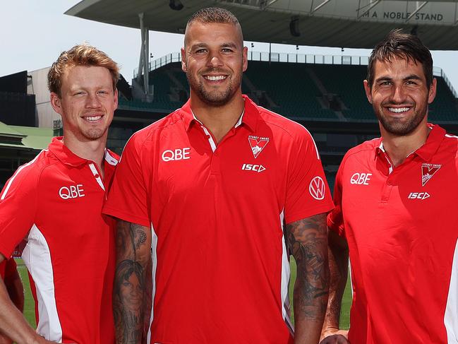 Sydney Swans leadership group players Luke Parker, Callum Mills, Lance Franklin, Josh Kennedy and Dane Rampe at the SCG. Picture: Brett Costello