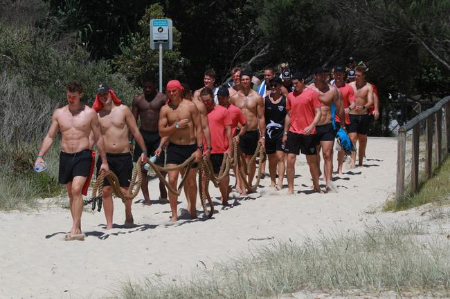The Southport Sharks VFL team during a preseason training camp at Tallebudgera Beach. Picture: Mike Batterham