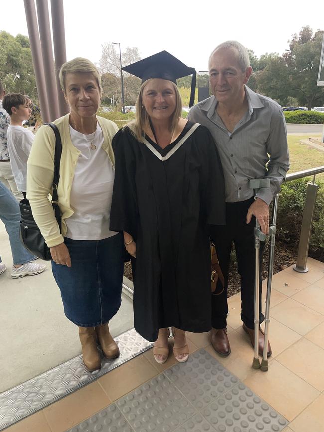 Aunt Heather May, Teressa Saddington (Bachelor of Nursing) and Mark Saddington at the Federation University Churchill Campus graduations on Tuesday, March 25, 2025. Picture: Jack Colantuono