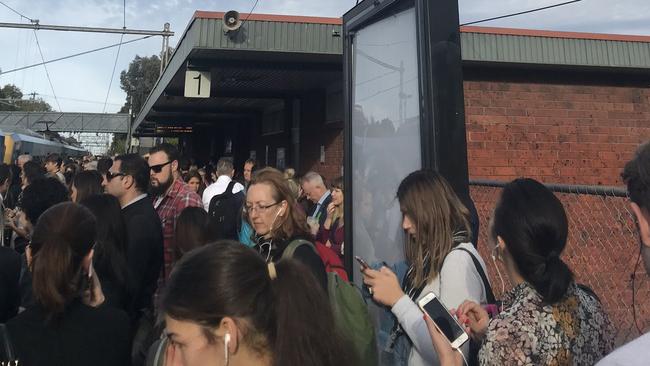 Passengers were evacuated from North Melbourne train station and all trains through the busy hub station were halted after a suspicious package was found this morning, causing peak-hour chaos into the city. Picture: Brianna Travers