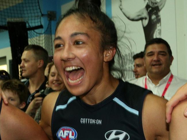 Darcy Vescio of the Blues (centre) celebrates with team mates in the rooms after the AFLW Preliminary Final match between the Carlton Blues and the Fremantle Dockers at Ikon Park, Melbourne, Saturday, March 23, 2019. (AAP Image/Hamish Blair) NO ARCHIVING, EDITORIAL USE ONLY