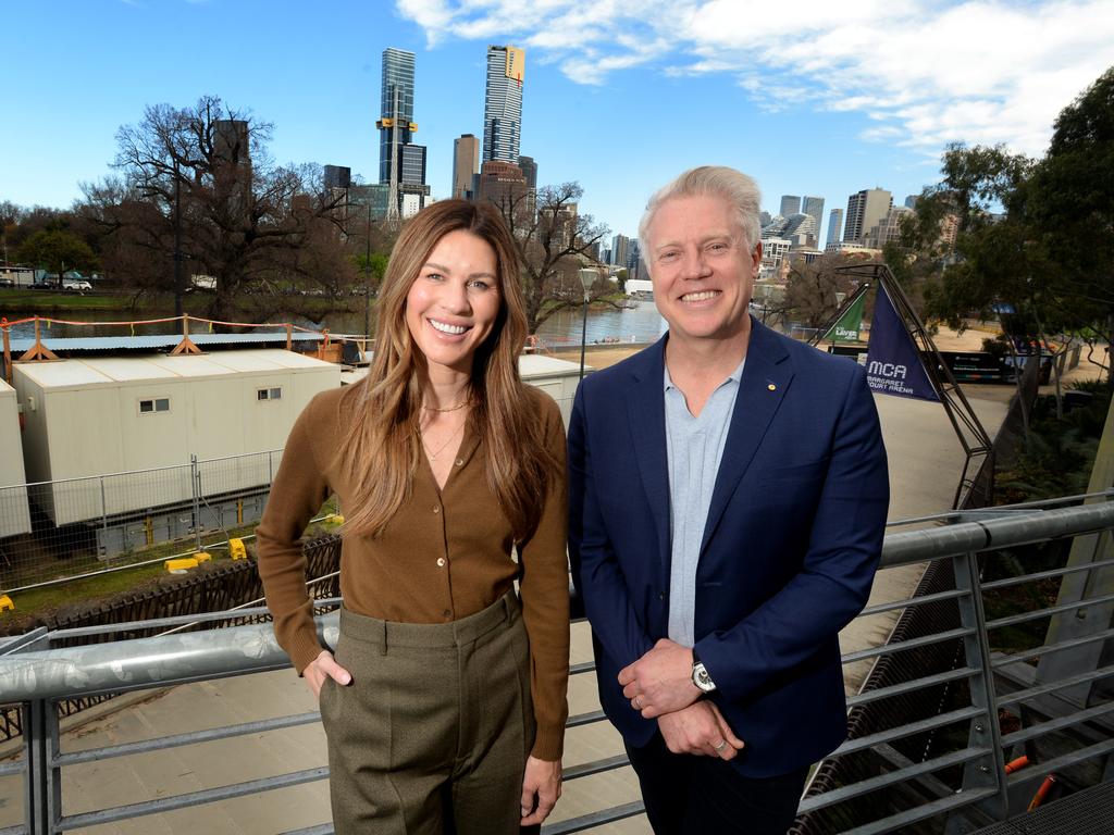 Erin Deering with her running mate, Arron Wood (right) – who is campaigning for the position of Melbourne’s lord mayor, with Deering as his deputy. Picture: Andrew Henshaw