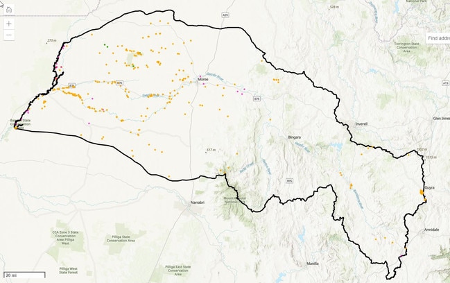 Gwydir water sharing plan map showing orange, pink and green dots, which the NSW Government’s desktop study identified as wetlands.