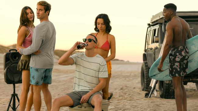 Ruthie (Mia Challis), Topper (Austin North), Rafe (Drew Starkey), Sofia (Fiona Palomo) and Kelce (Deion Smith) in Outer Banks. Picture: Jackson Lee Davis/Netflix