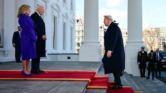 US President Joe Biden and First Lady Jill Biden greet President-elect Donald Trump as he arrives at the White House in Washington, DC, before departing for the US Capitol where Trump will be sworn in as the 47th US President. Picture: AFP