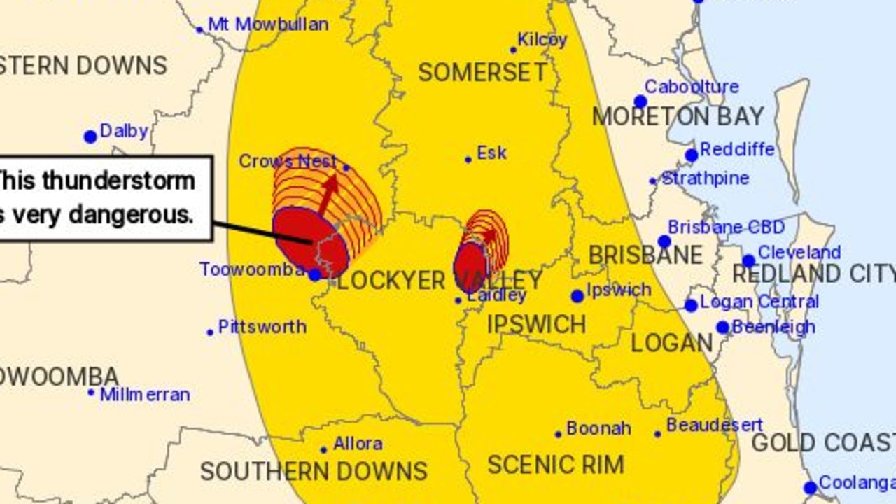 The Bureau of Meteorology warns that a very dangerous thunderstorm is active for parts of Queensland from the border to the South Burnett.