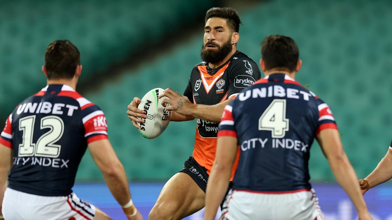 James Tamou was sent off for abusing referee Ben Cummins in the Tigers’ heavy loss to the Roosters at the SCG. Picture: Scott Gardiner/Getty Images