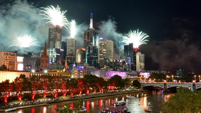 A view of the Melbourne New Year's Eve fireworks looking from the Langham Hotel pooldeck. Picture: Stephen Harman