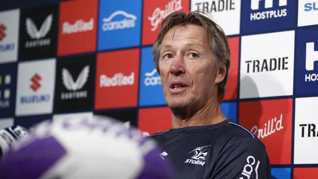 MELBOURNE, AUSTRALIA - MARCH 16: Coach of the Melbourne Storm, Craig Bellamy speaks to the media during a press conference ahead of his 500th game as Melbourne Storm coach, at AAMI Park on March 16, 2022 in Melbourne, Australia. (Photo by Darrian Traynor/Getty Images)