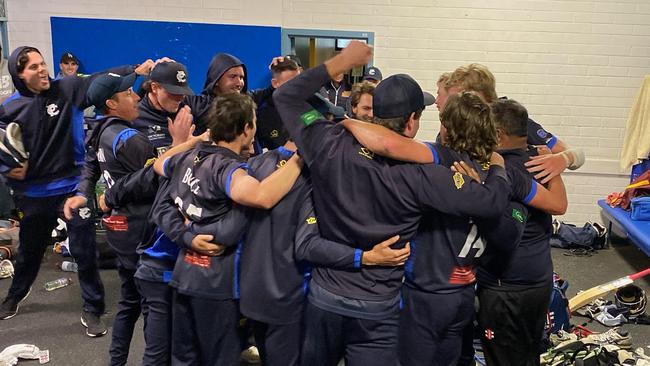 Prahran players sing the club song after defeating Fitzroy-Doncaster.