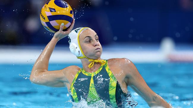 NANTERRE, FRANCE - AUGUST 10: Bronte Halligan of Team Australia looks to make a pass in the Women's Gold Medal match between Team Australia and Team Spain on day fifteen of the Olympic Games Paris 2024 at Paris La Defense Arena on August 10, 2024 in Nanterre, France. (Photo by Quinn Rooney/Getty Images)