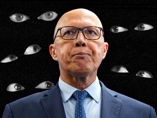 15 January 2025; A photo comp of Peter Dutton with eyes looking at him on a black background. Collage by Emilia Tortorella. Sources: supplied and iStock. Ratio 4:3 FOR PRINT.