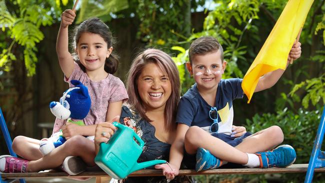 Nataly with students from Wilston St kindergarten, Selina, 5, and Sam, 5. Picture: Alex Coppel