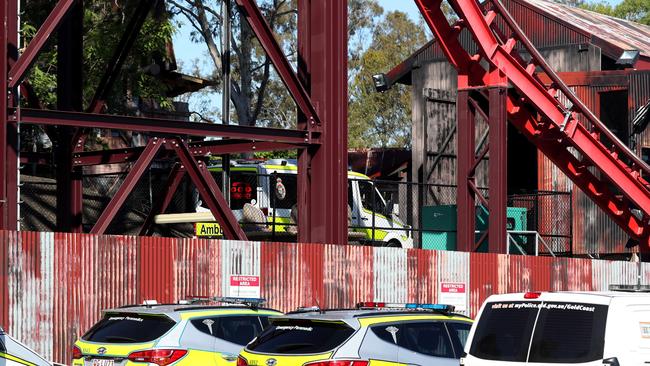 Emergency crews parked outside Dreamworld the day of the tragedy. Picture: Regi Varghese