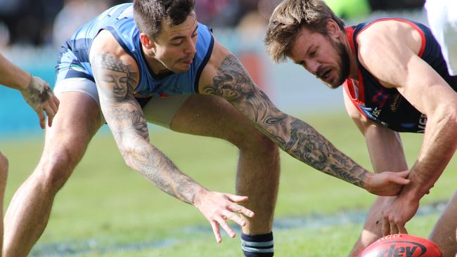 The Double Blues and Jake Sutcliffe struggled to put a hand on Brady Dawe and his Norwood mates. Picture: Russell Millard/AAP