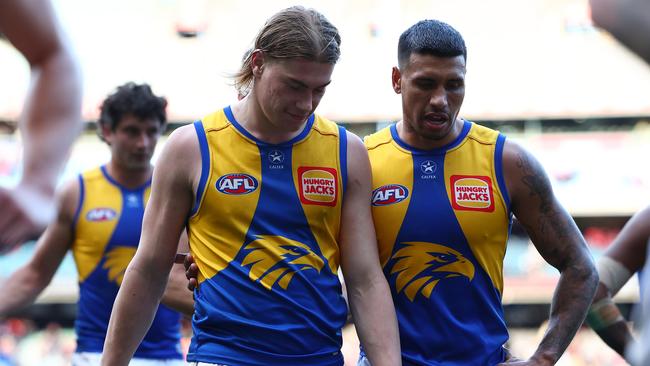 MELBOURNE, AUSTRALIA - JULY 07: Harley Reid and Tim Kelly of the Eagles look dejected after losing the round 17 AFL match between Melbourne Demons and West Coast Eagles at Melbourne Cricket Ground, on July 07, 2024, in Melbourne, Australia. (Photo by Quinn Rooney/Getty Images)