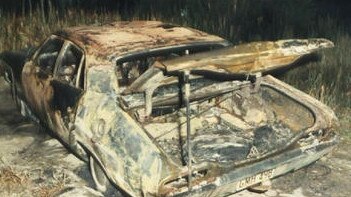 The burnt out Ford Falcon that trainer George Brown was found inside of in 1984.