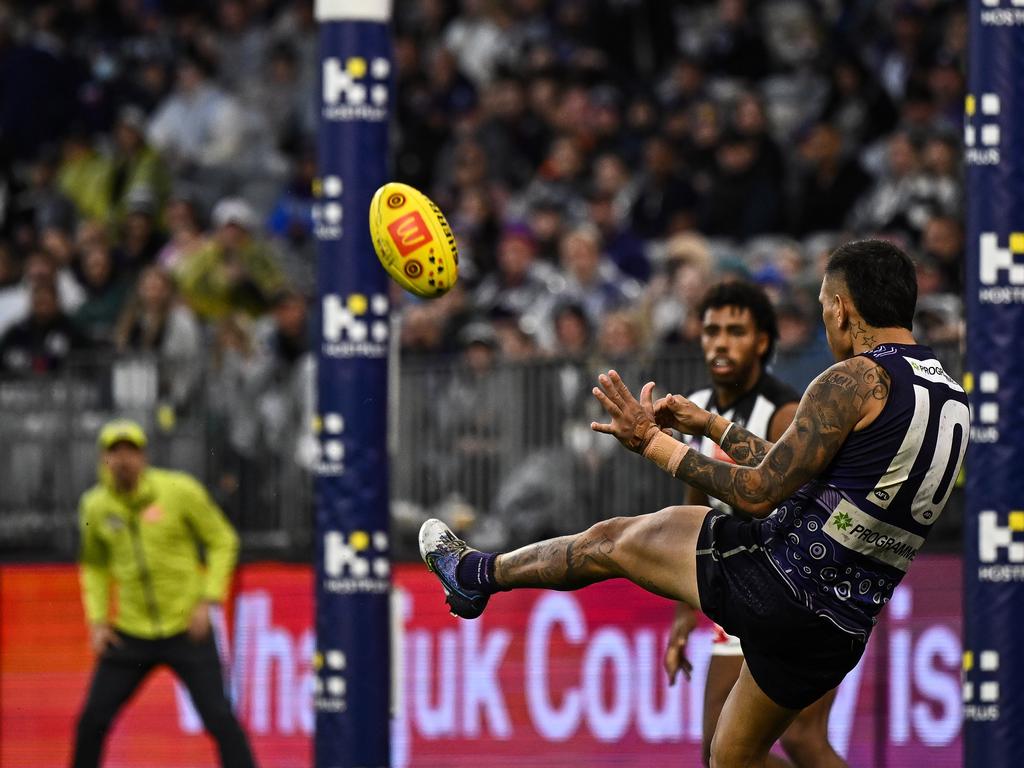 Michael Walters scores one of the six goals the Dockers managed in their round 10 loss to Collingwood. Picture: Daniel Carson/AFL Photos via Getty Images