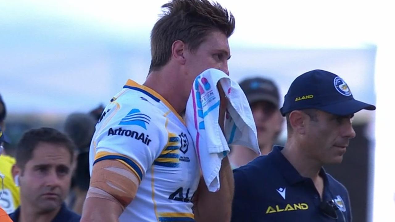 Shaun Lane was forced from the field in the Knights vs Eels trial with a jaw injury, and taken to hospital. Picture: Fox League.