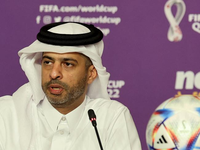 Nasser al-Khater, the chief executive of the FIFA World Cup Qatar 2022 organisation, gestures during a press conference in the Qatari capital Doha on October 17, 2022. (Photo by KARIM JAAFAR / AFP)