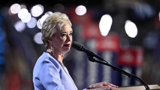 Linda McMahon speaks during the last day of the 2024 Republican National Convention in July 18 in Wisconsin. Picture: Angela Weiss/AFP