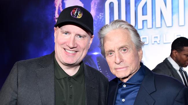 Kevin Feige with Michael Douglas at the Quantumania premiere. (Photo by Alberto E. Rodriguez/Getty Images for Disney)