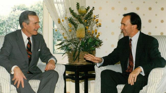 George HW Bush and Paul Keating at Kirribilli House. Picture: PJ Keating Collection