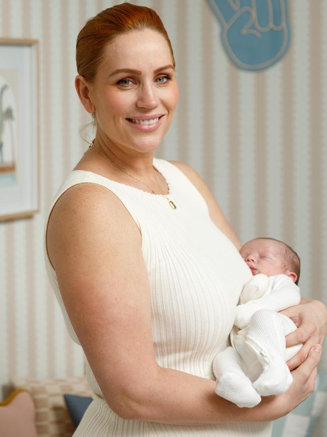 Jules Robinson shot to fame after meeting her husband Cam Merchant on MAFS. The coupled have just welcomed their second son Carter to the family, pictured with his mum, just two weeks ago. He joins big brother Ollie, who turns four in October. Picture: Max Mason-Hubers